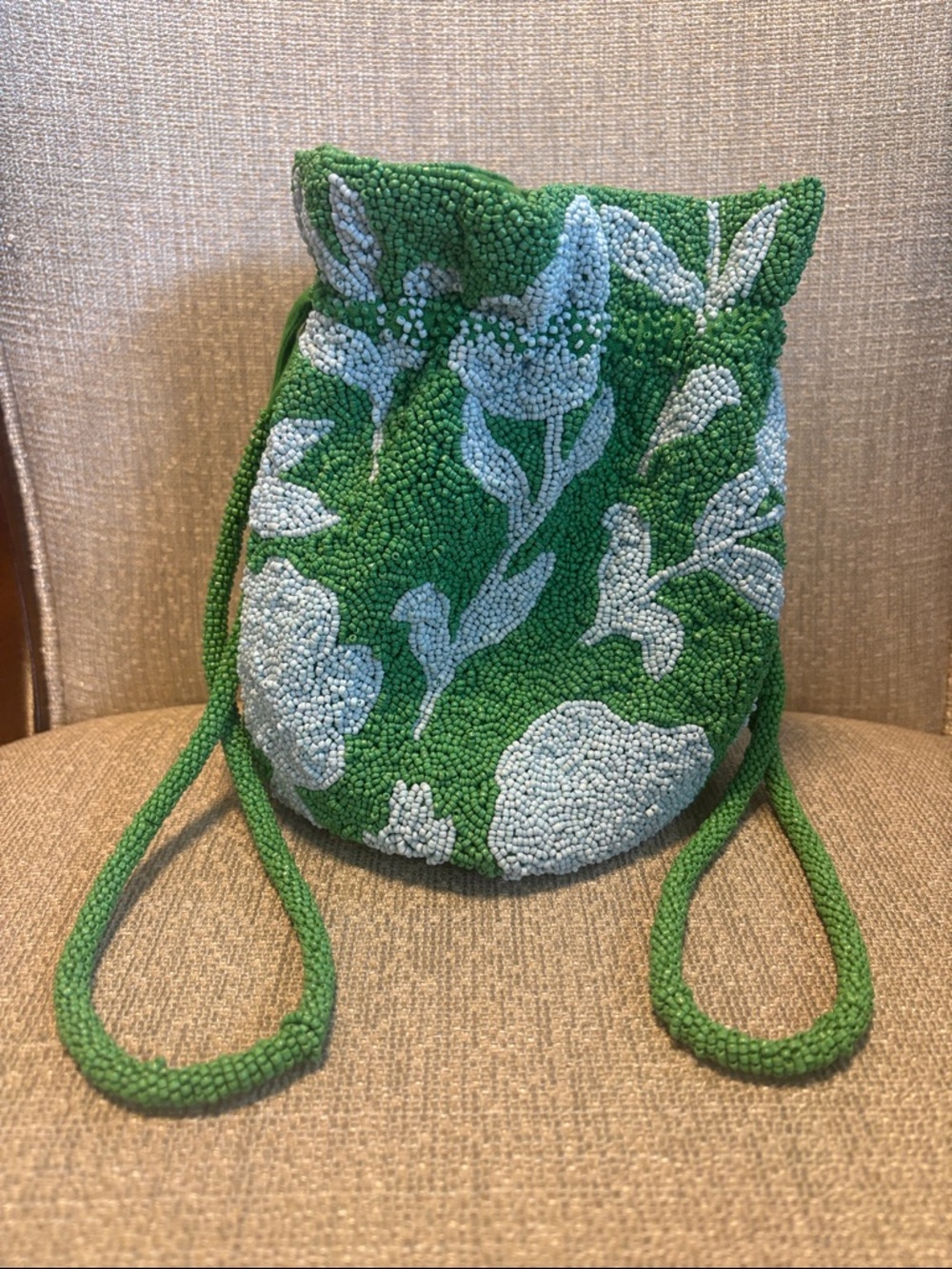 Kate Spade Green & Blue Beaded Floral Drawstring  Bag